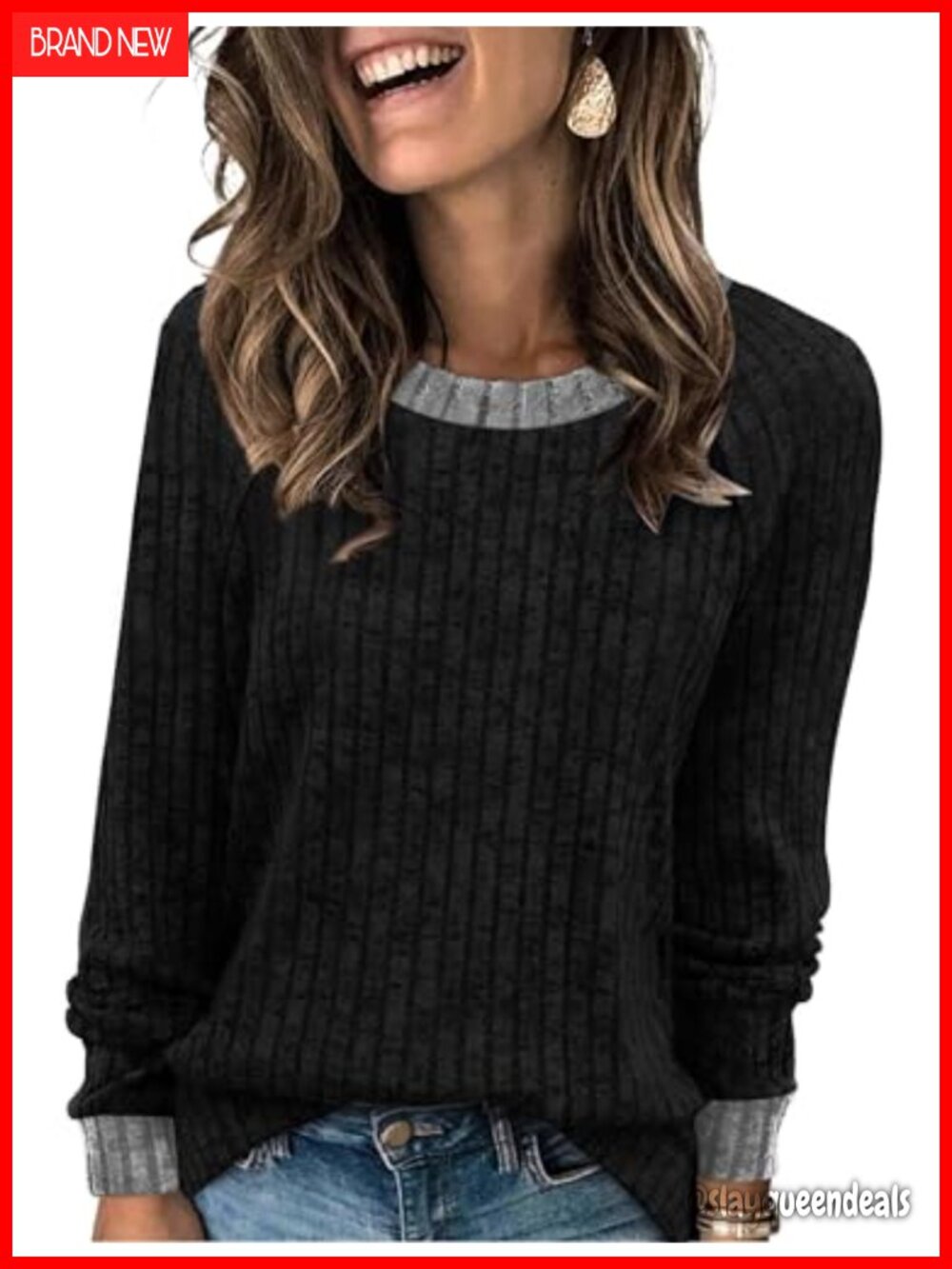 Womens Long Sleeve Tunic Sweater Lightweight Soft Color Block Pullover